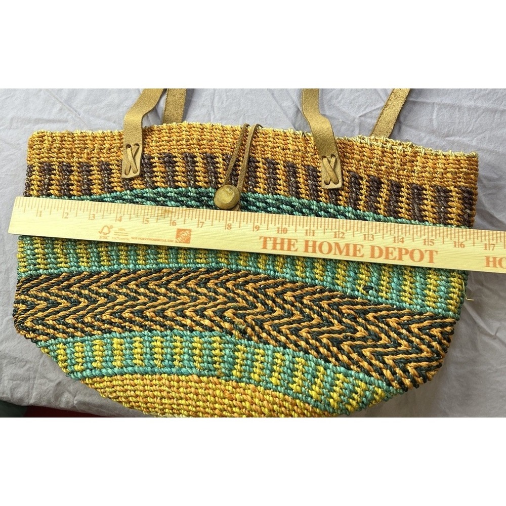 Woven Straw Tote Bag Multi Color Striped Boho Shoulder Bag Leather Straps Large - Picture 8 of 8